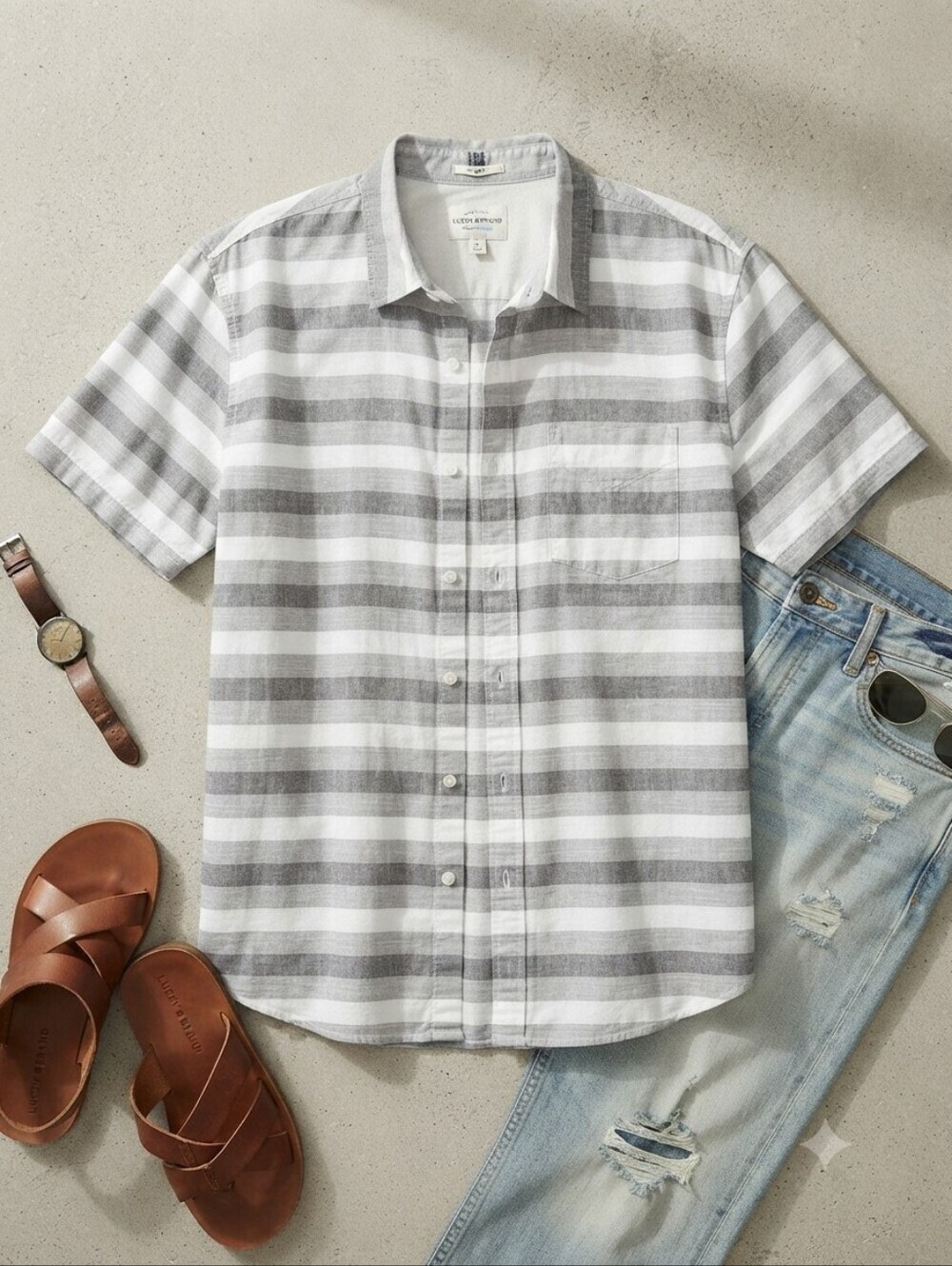 Lucky Brand Slim Fit Linen & Cotton Striped Button Up Short Sleeve Shirt